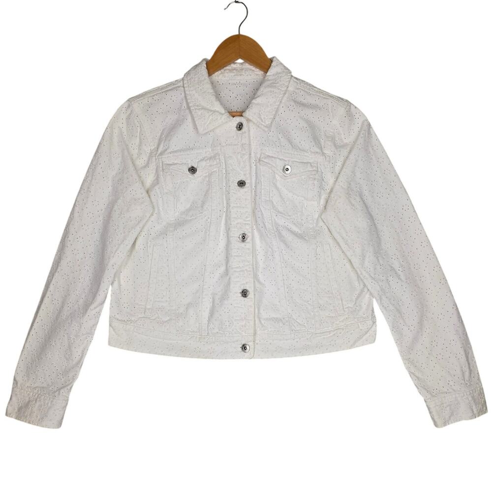 LAUREN RALPH LAUREN WOMEN'S WHITE EMBROIDERED TRUCKER DENIM JACKET – SIZE LARGE
